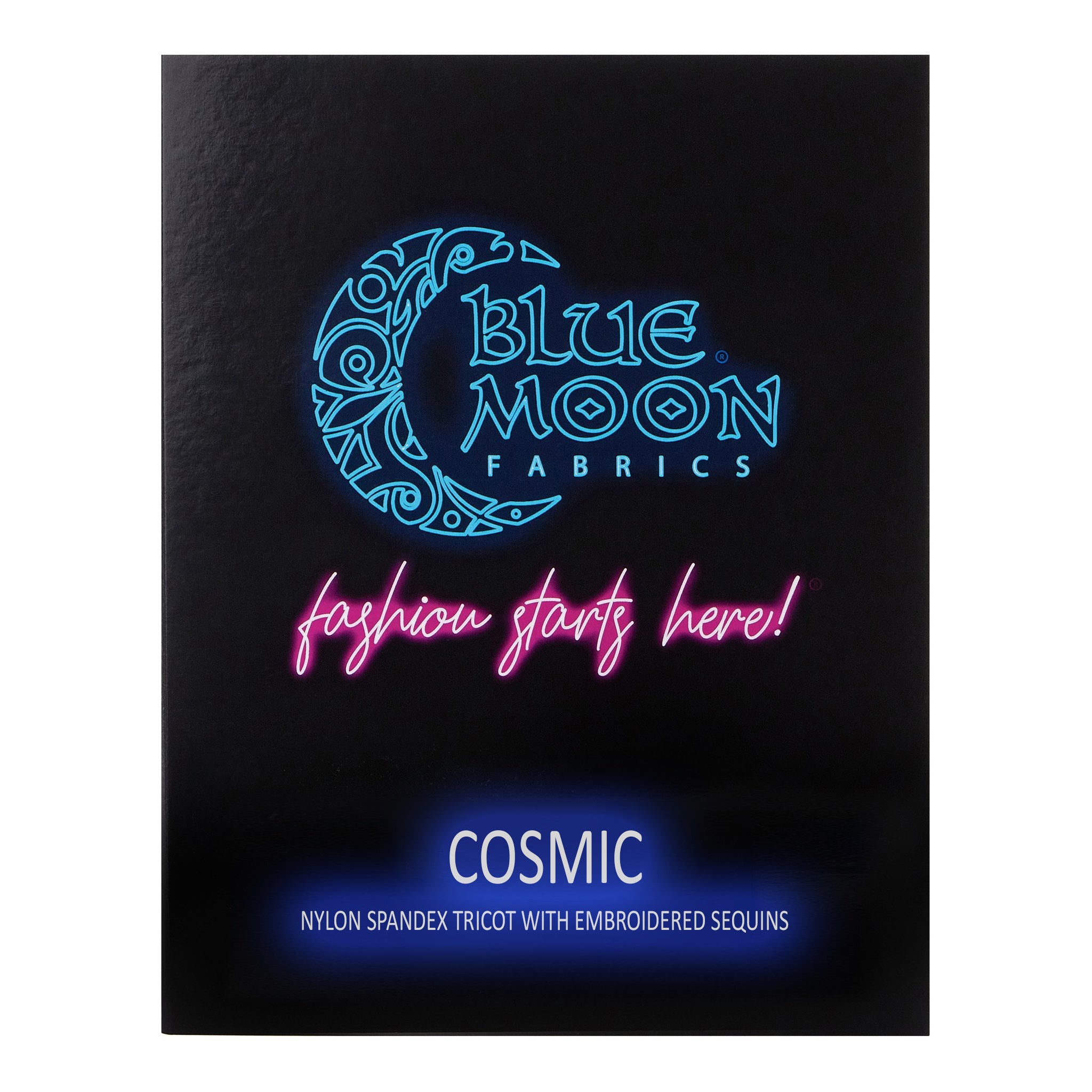 A sample color card for Cosmic Nylon Spandex Tricot With Embroidered Sequins, featuring all fabric color options in swatches.