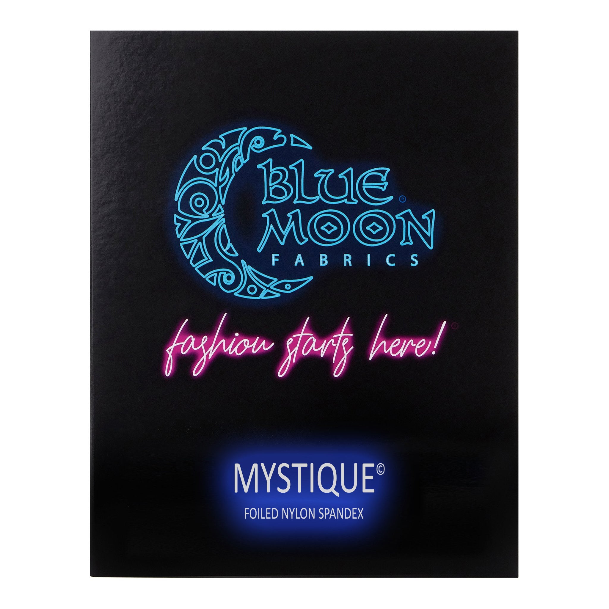 A sample color card for Mystique Foiled Nylon Spandex Fabric, featuring all fabric color options in swatches.