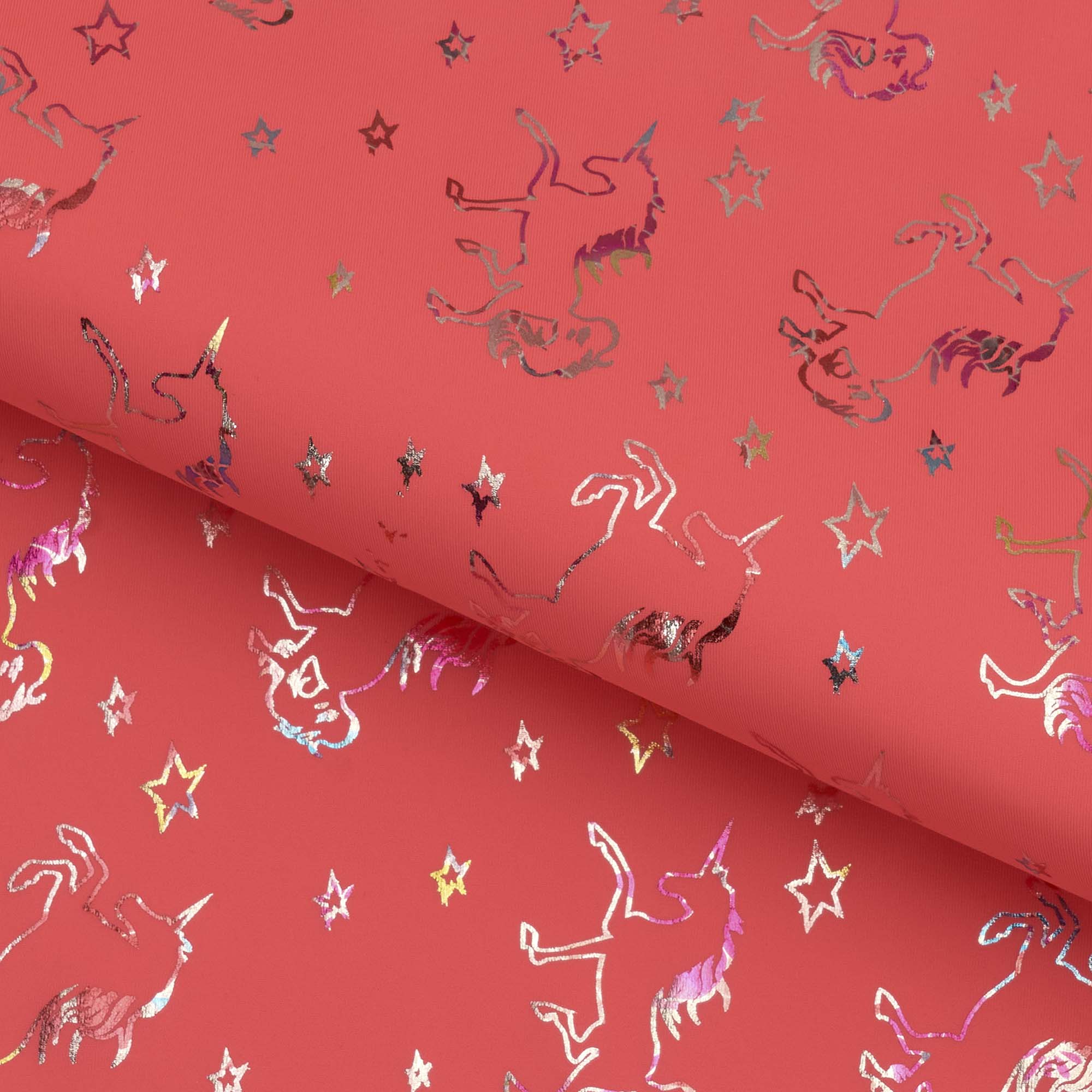 A foiled piece of Unicorns Foil in Pink Printed Spandex Fabric in color iridescent/pink.