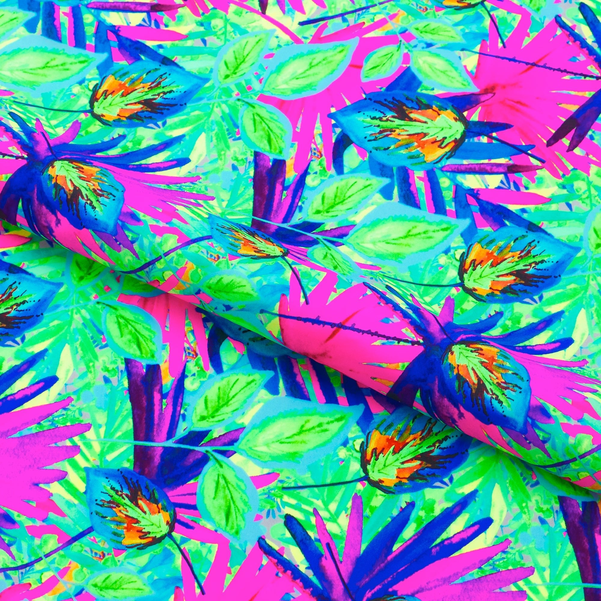 A sample piece of Punk Palms Printed Spandex Fabric.