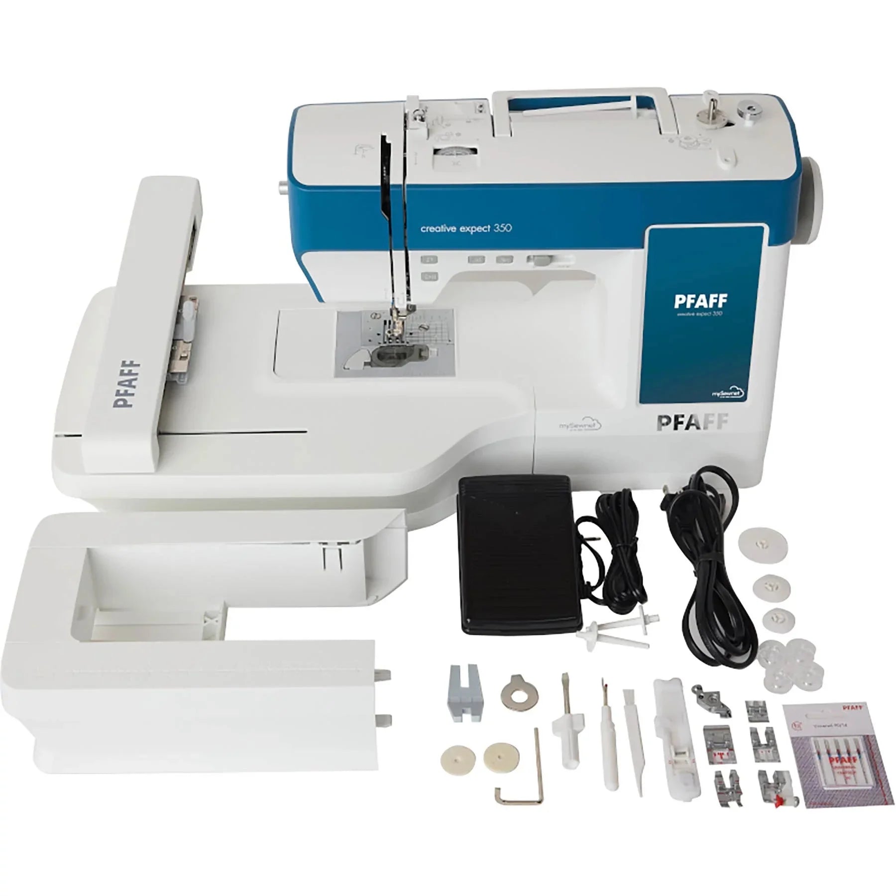 A sample PFAFF creative expect 350 Sewing & Embroidery Machine with accessories included.