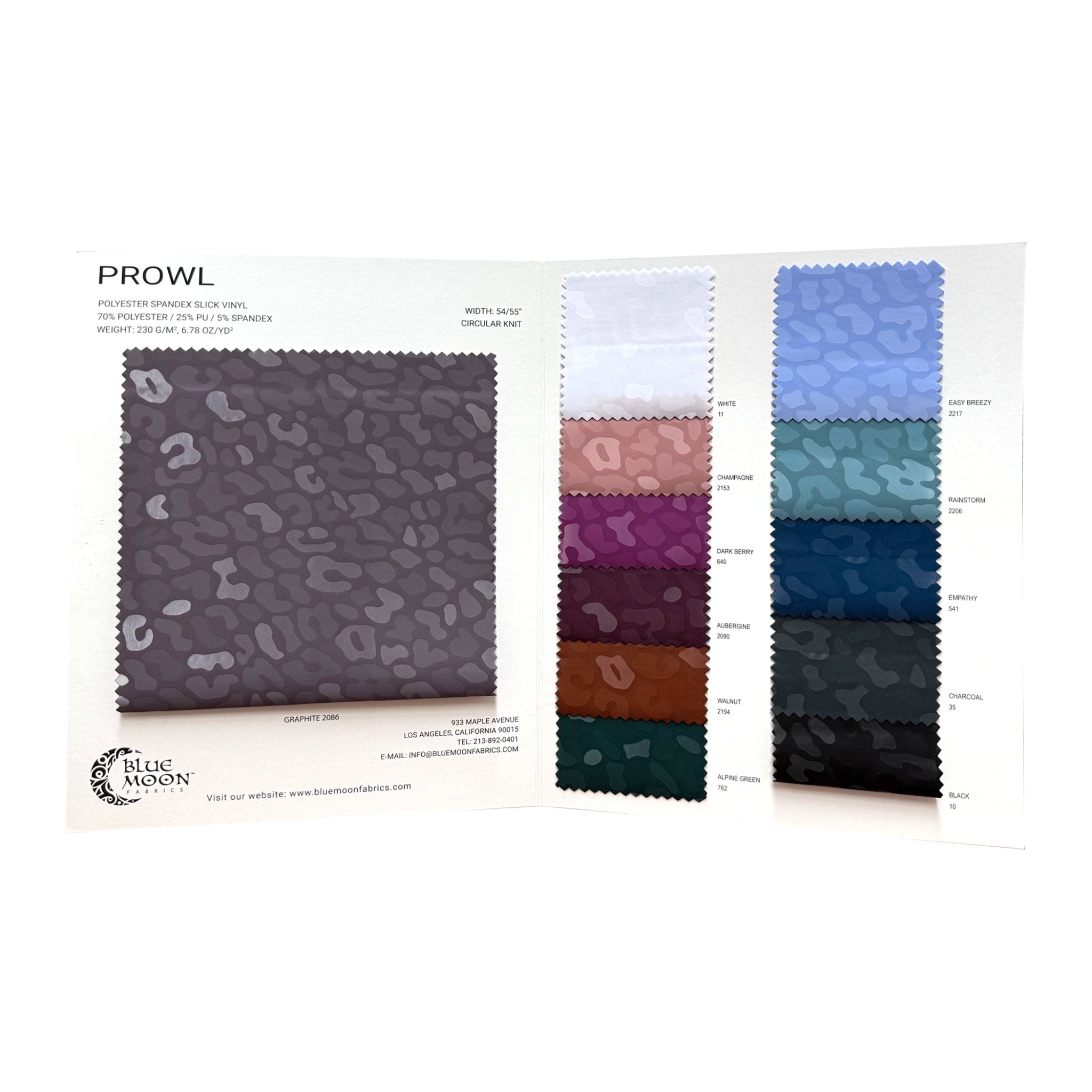 Swatches in Prowl Polyester Spandex Slick Vinyl Color Card.