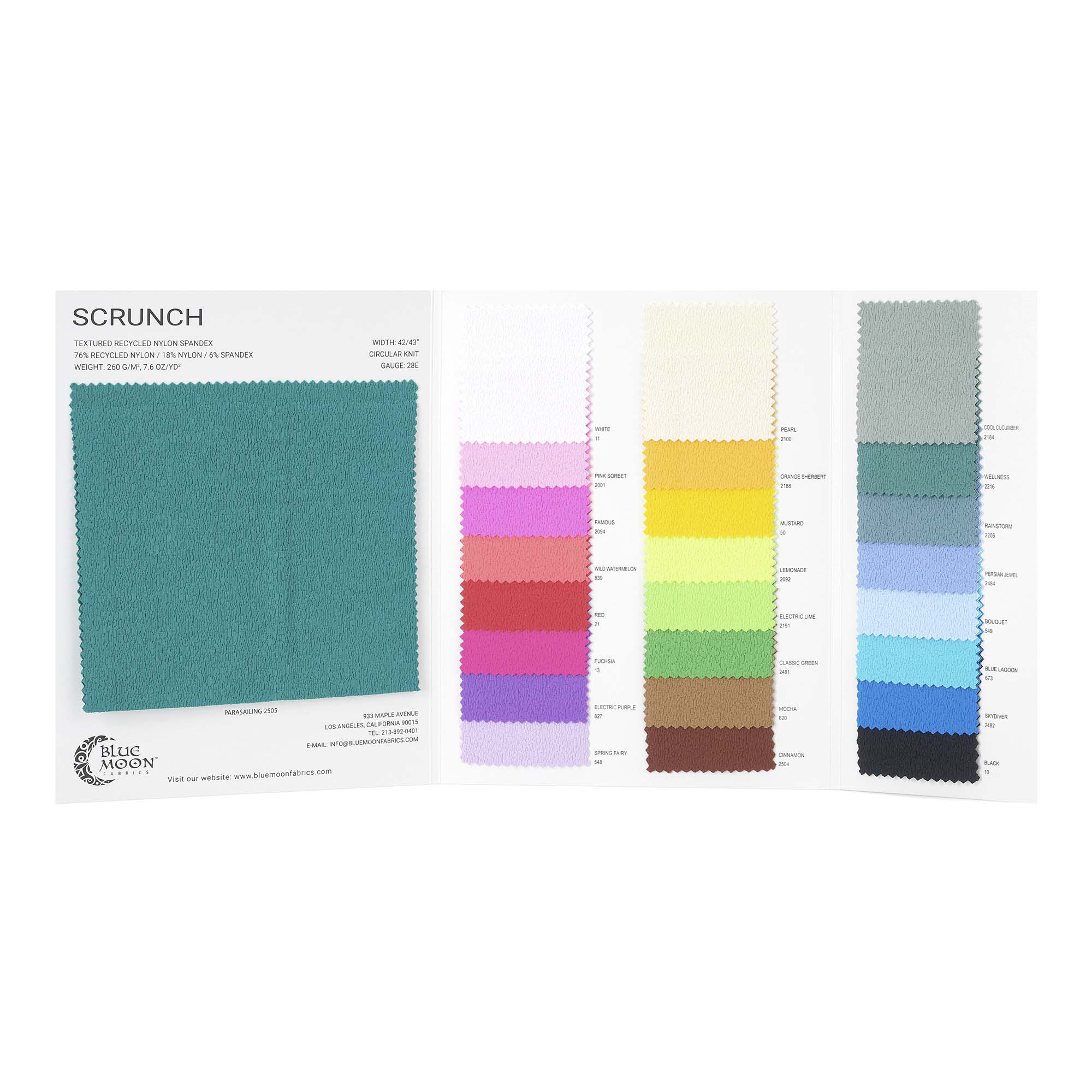 A Color Card consisting swatches of Scrunch Textured Recycled Nylon Spandex Fabric.