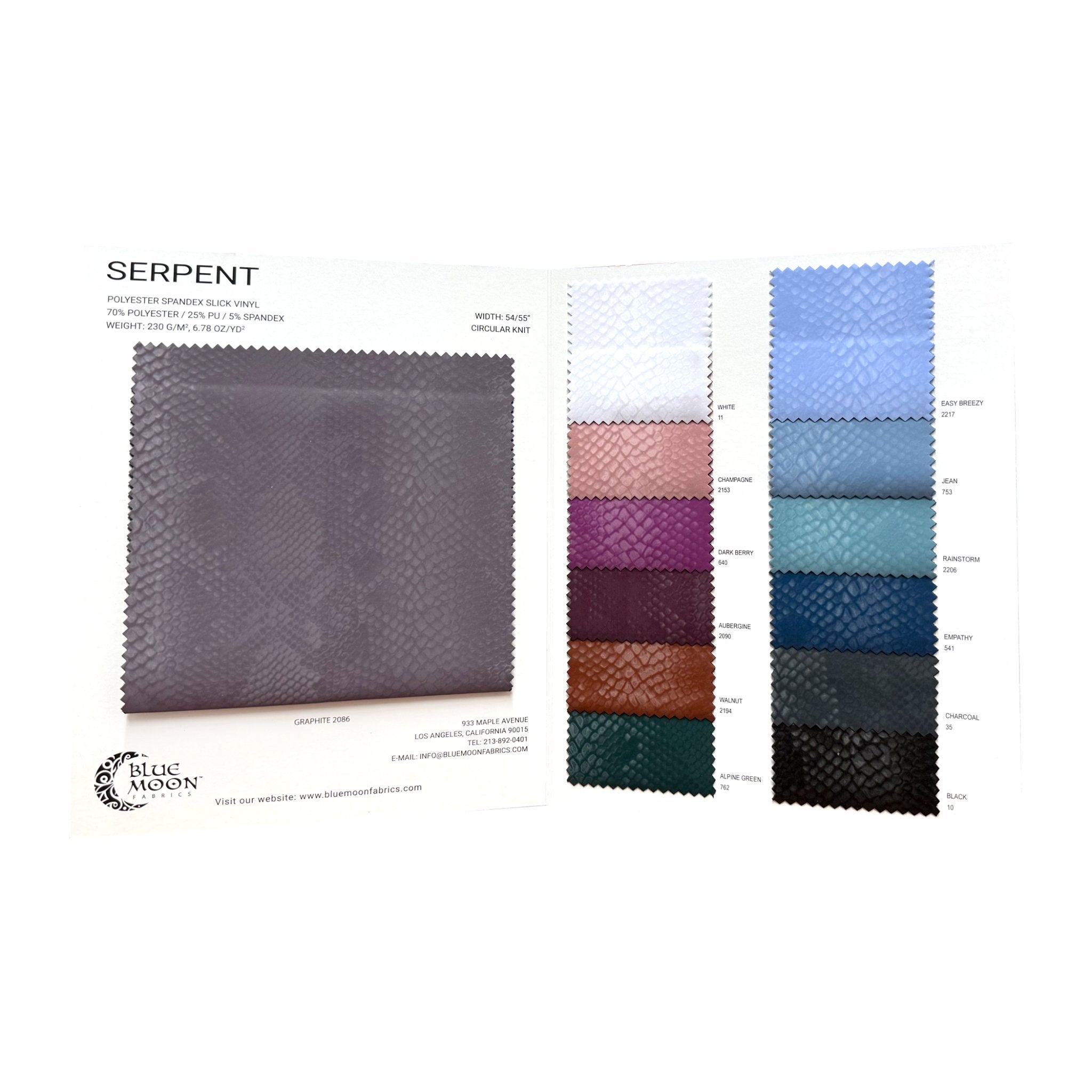 Swatches in Serpent Polyester Spandex Slick Vinyl Color Card.