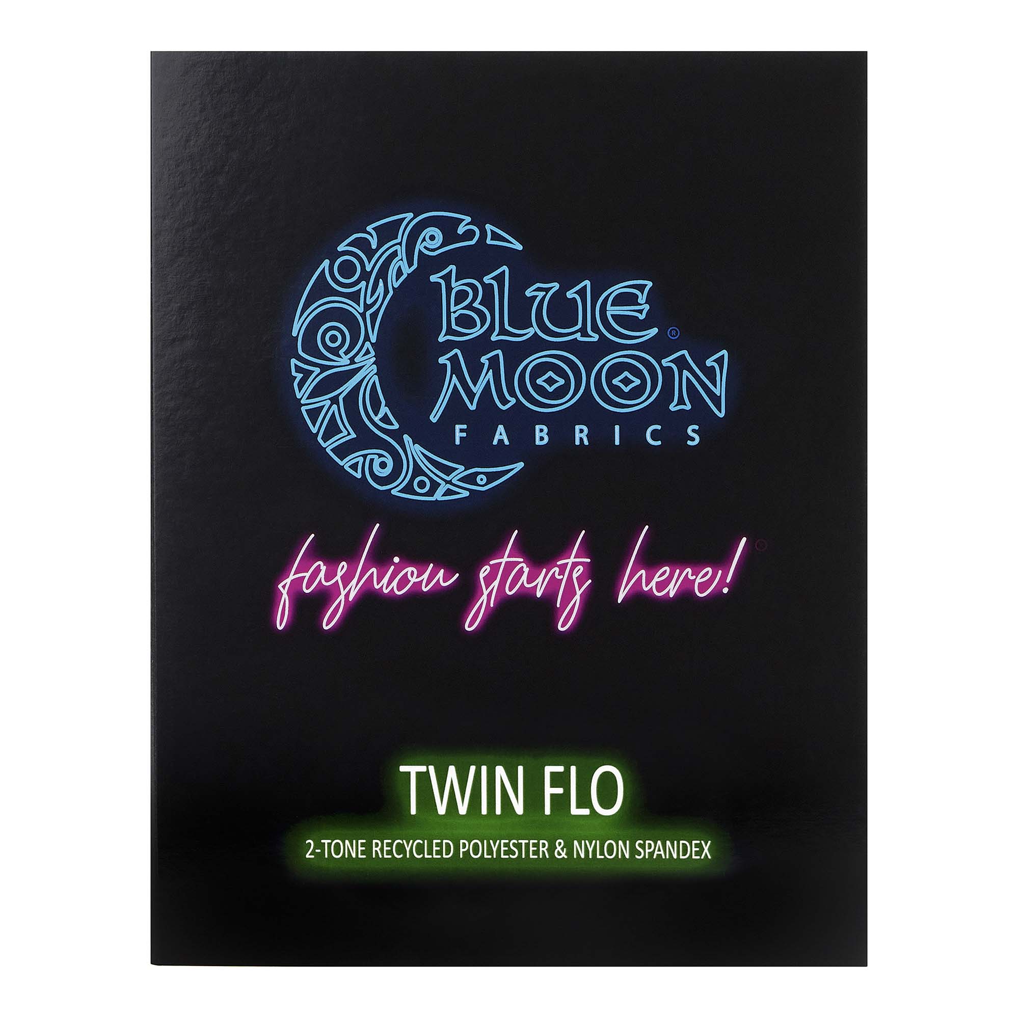 A sample color card for Twin Flo 2-Tone Recycled Polyester & Nylon Spandex, featuring all fabric color options in swatches.