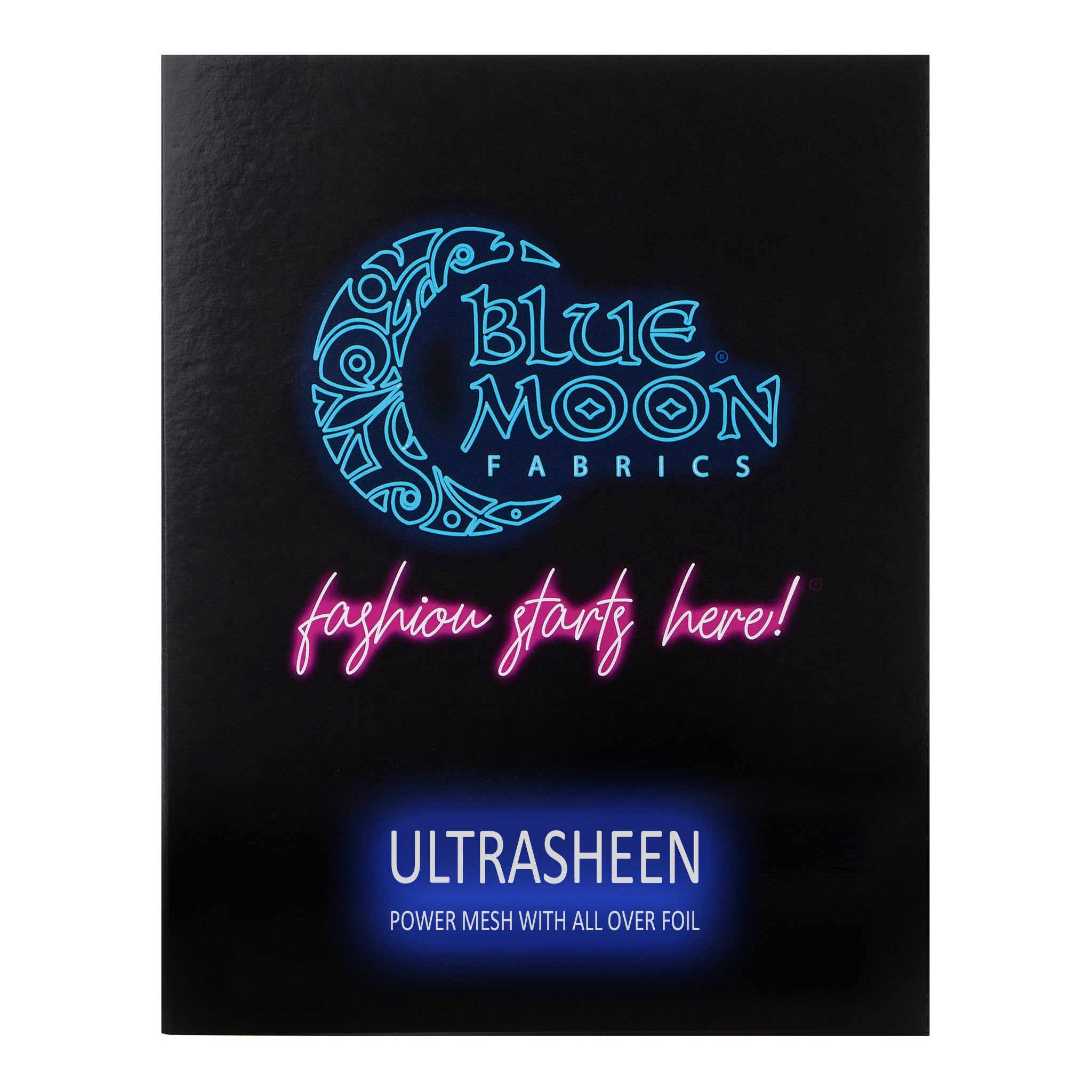 A sample color card for Ultrasheen Foiled Power Mesh Fabric, featuring all fabric color options in swatches.