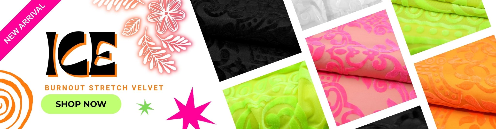 Promotional banner for ICE burnout stretch velvet with fabric swatches and 'Shop Now' button.