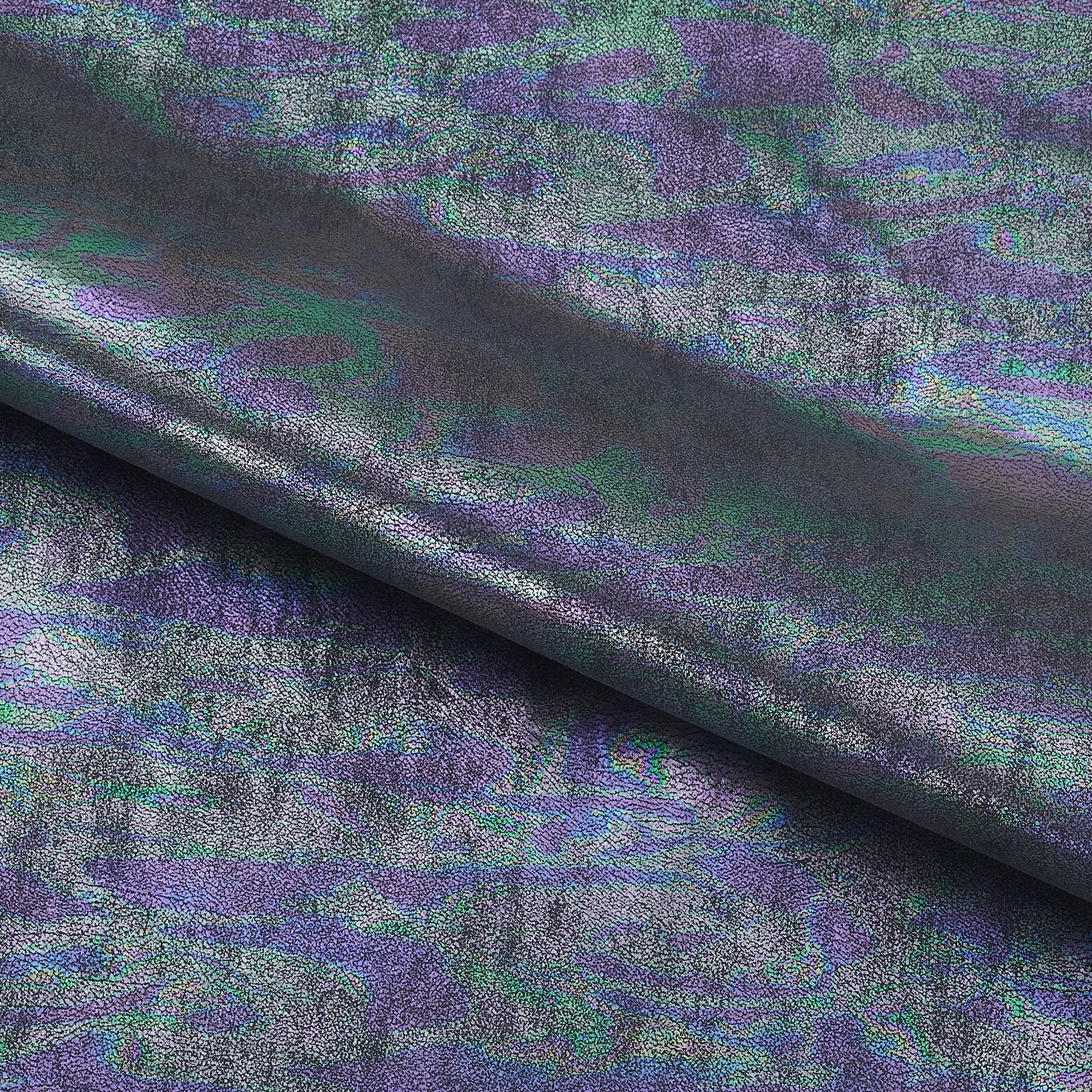 A sample of Iridescent oil Slick Foiled Spandex