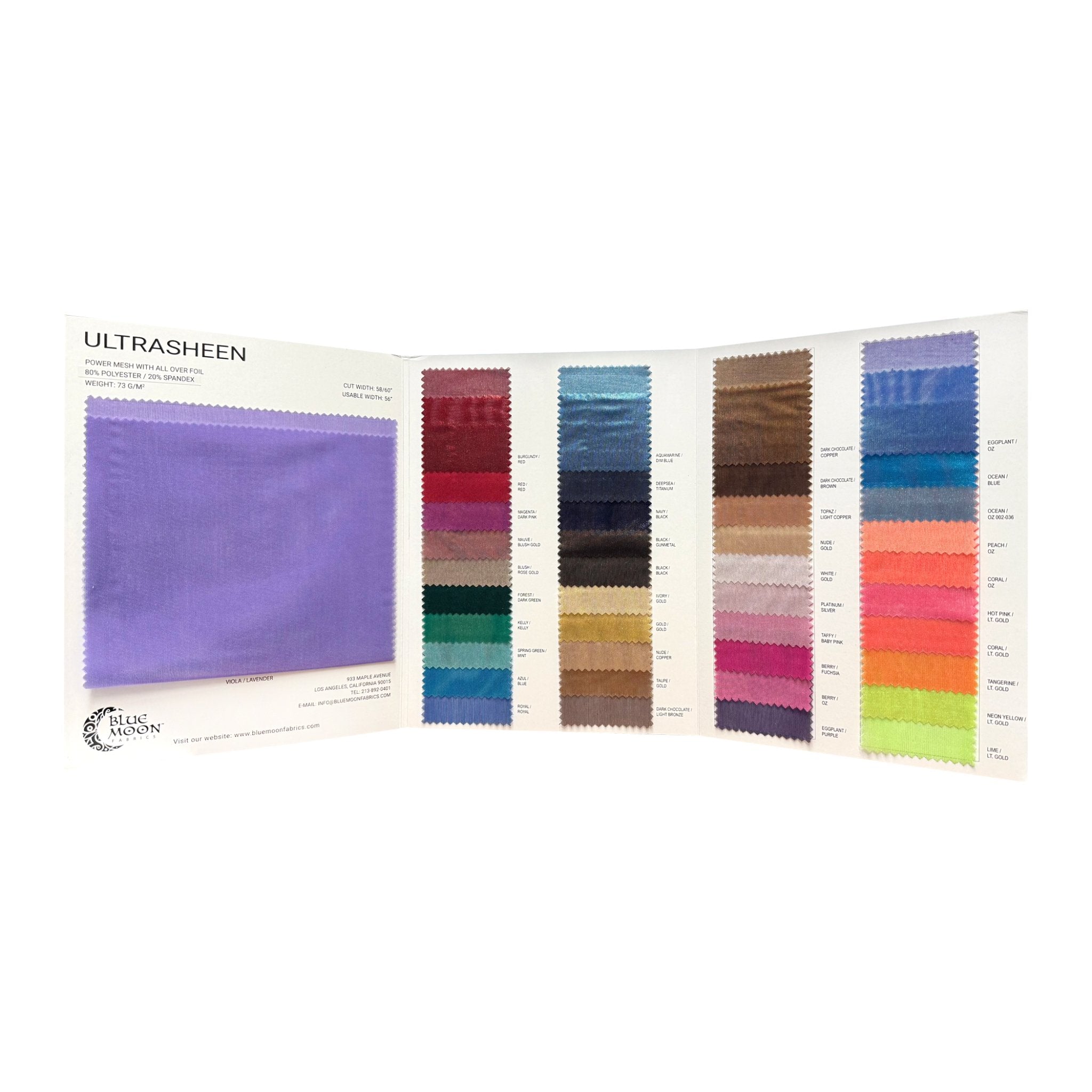 A sample color card for Ultrasheen Foiled Power Mesh Fabric, featuring all fabric color options in swatches.