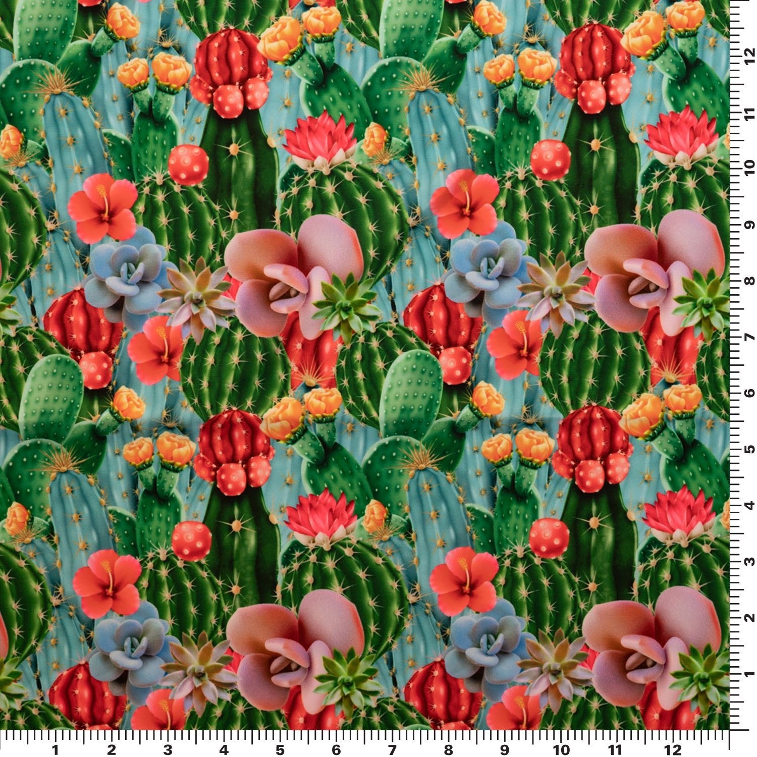 A flat sample of Cactus Field Printed Spandex.
