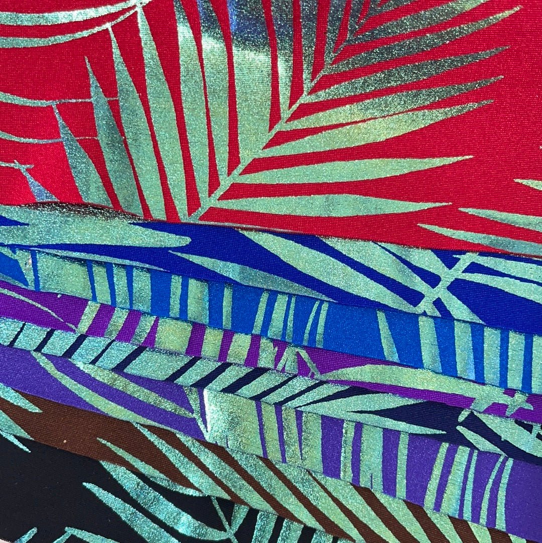 Detailed shot of Electric Palm Foil Printed Spandex in all color options.