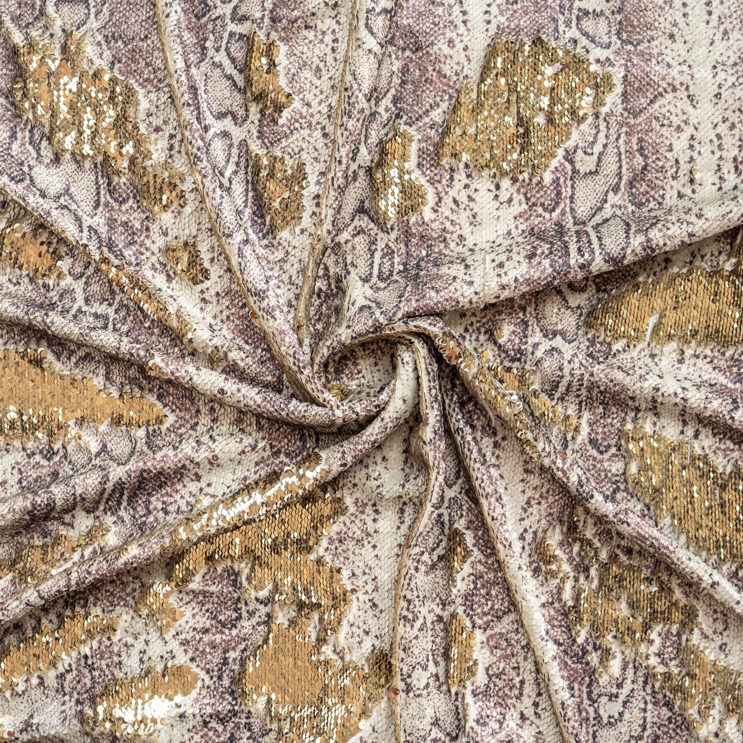 A swirled sample of Golden Anaconda Printed Flip Sequin on Spandex
