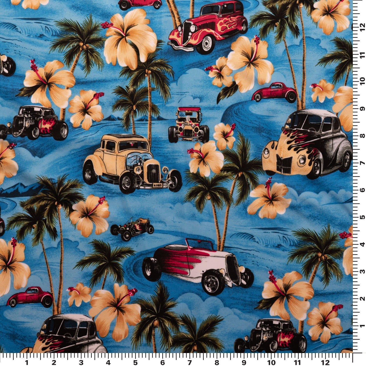 A flat sample of Hawaiian Hot Rods Printed Spandex.