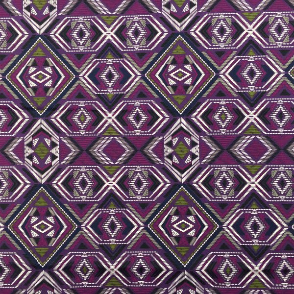 A flat sample of Purple and Green Tribal Printed Spandex.