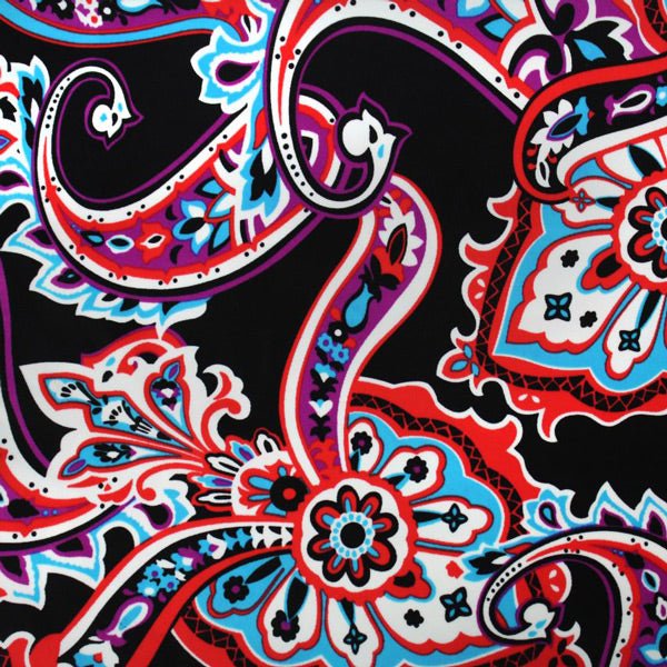 A flat sample of Groovy Paisley Printed Spandex.
