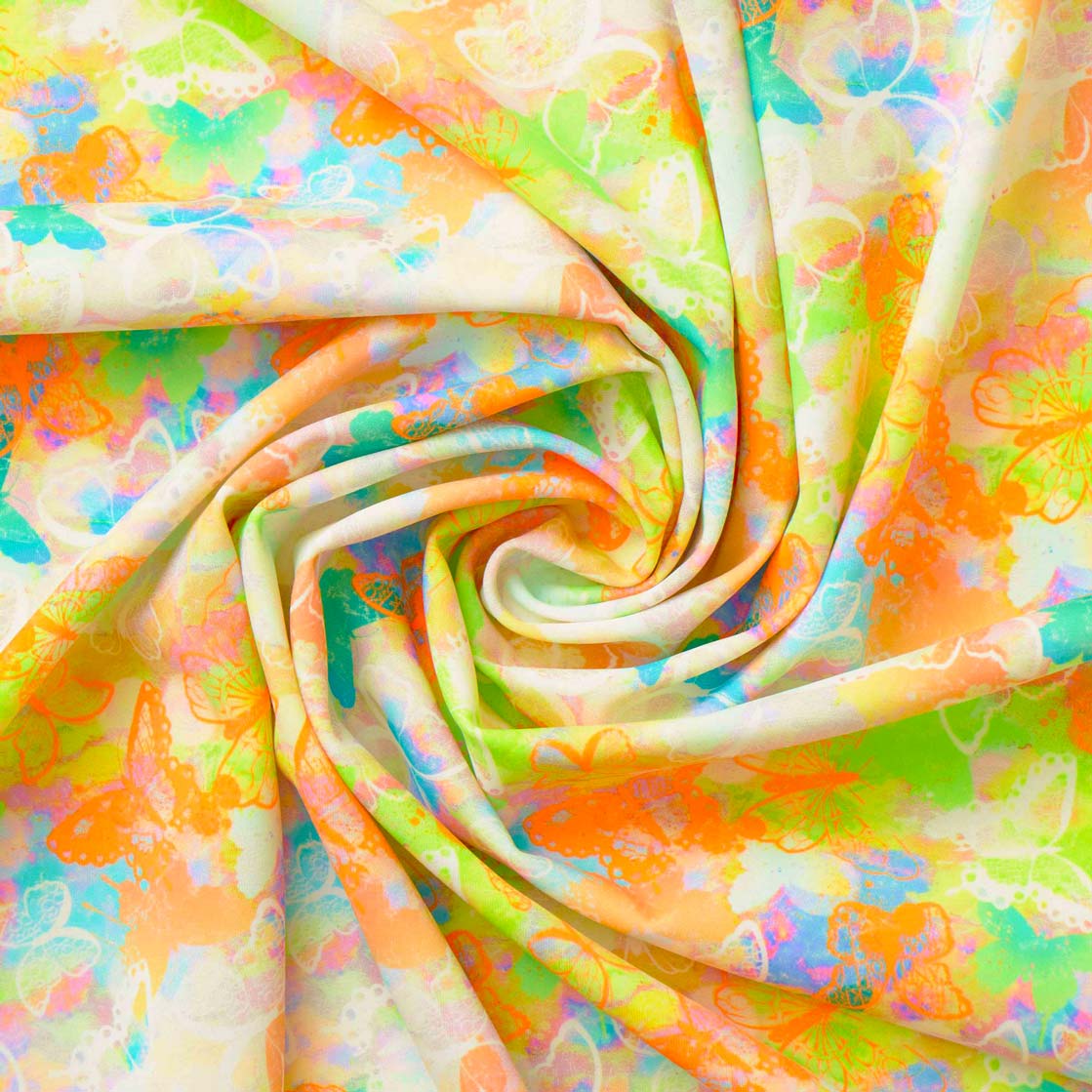 Swirled piece of Neon Butterflies Printed Spandex.