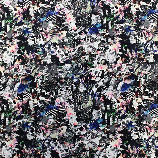 A flat sample of Black and White Collage Printed Spandex.