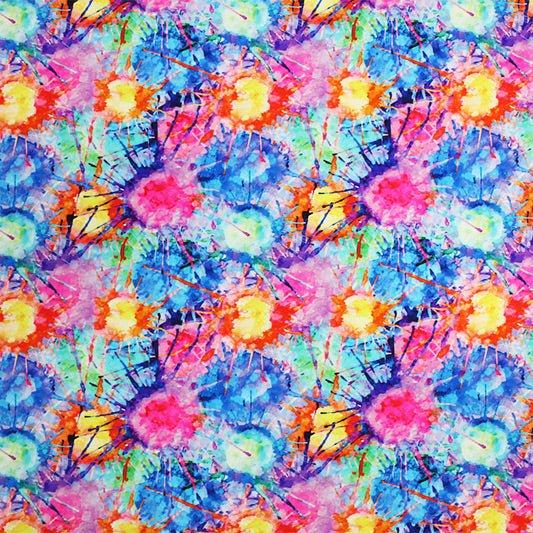 A flat sample of Bright Splatter Paint Printed Spandex.