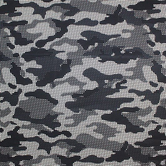 A flat sample of camo black star printed spandex.