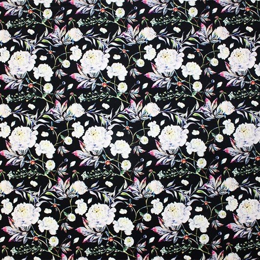 A flat sample of wishful garden printed spandex.