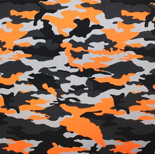 A flat sample of Camo Orange Printed Spandex.