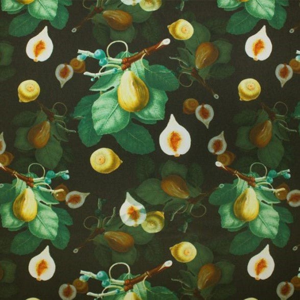 A flat sample of sweet fruit printed spandex.