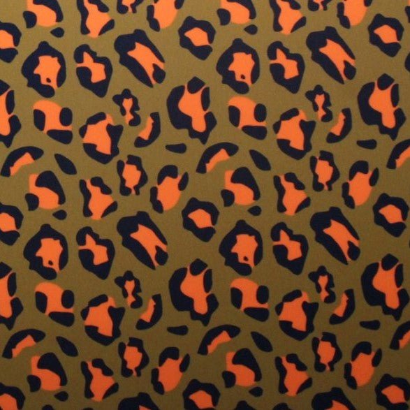 A flat sample of oh my leopard printed spandex.
