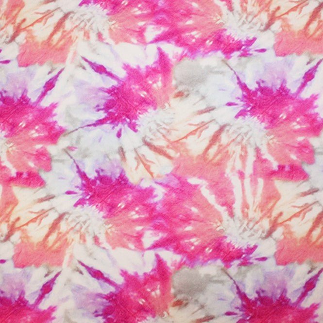 A flat sample of pink skies printed spandex.