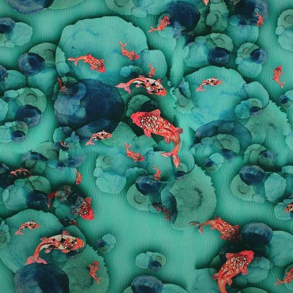 A flat sample of koi lake printed spandex.