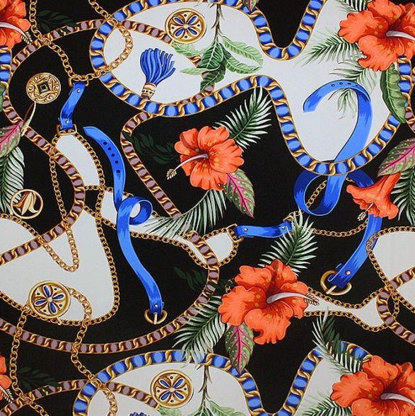 A flat sample of obelisk belts printed spandex.