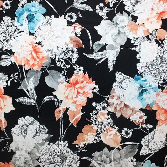 A flat sample of vintage vibes printed spandex.