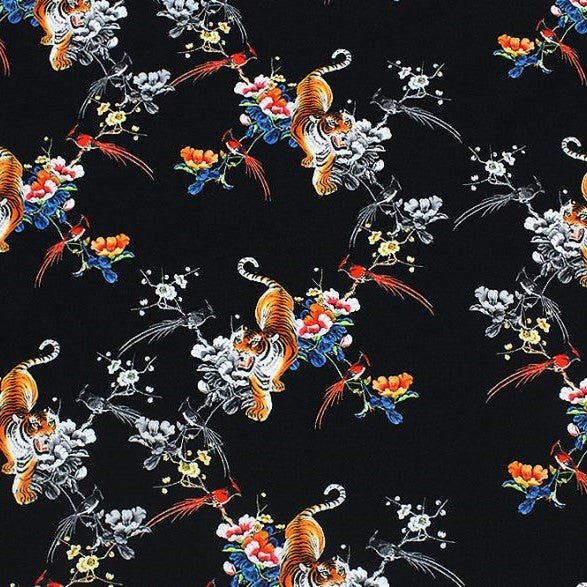 A flat sample of wild tiger printed spandex.