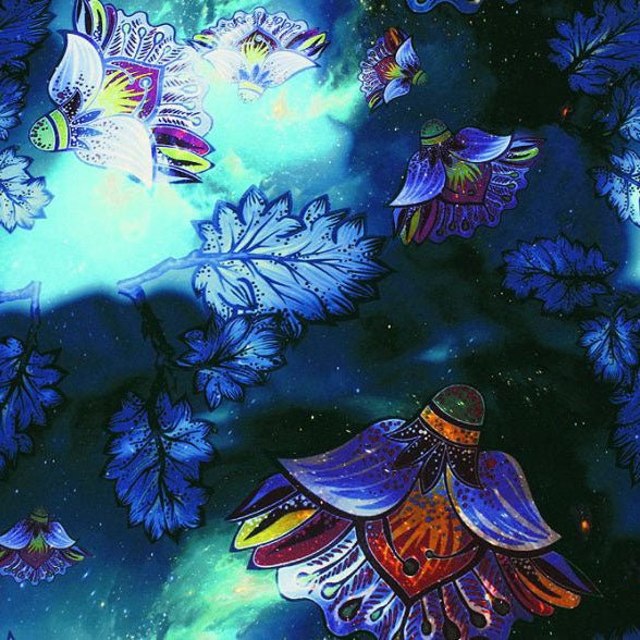 A flat sample of cosmic blossom printed spandex available at Blue Moon Fabrics.