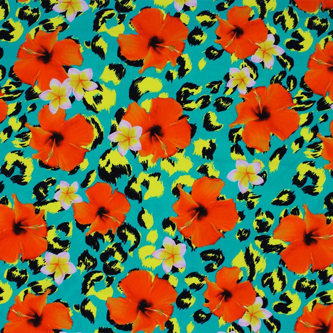 A flat sample of Leopard Hibiscus Printed Spandex Fabric in Multi Color