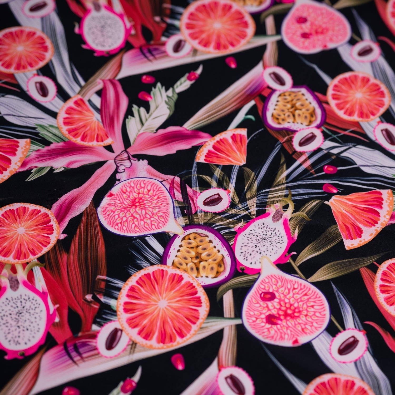 Detailed shot of Exotic Sliced Fruit Printed Spandex.