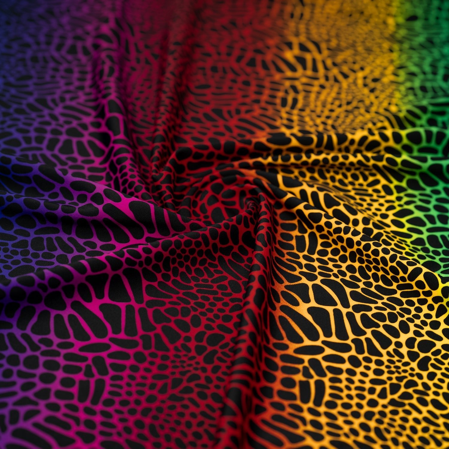 Swirled sample shot of Multicolor Safari Spots Printed Spandex