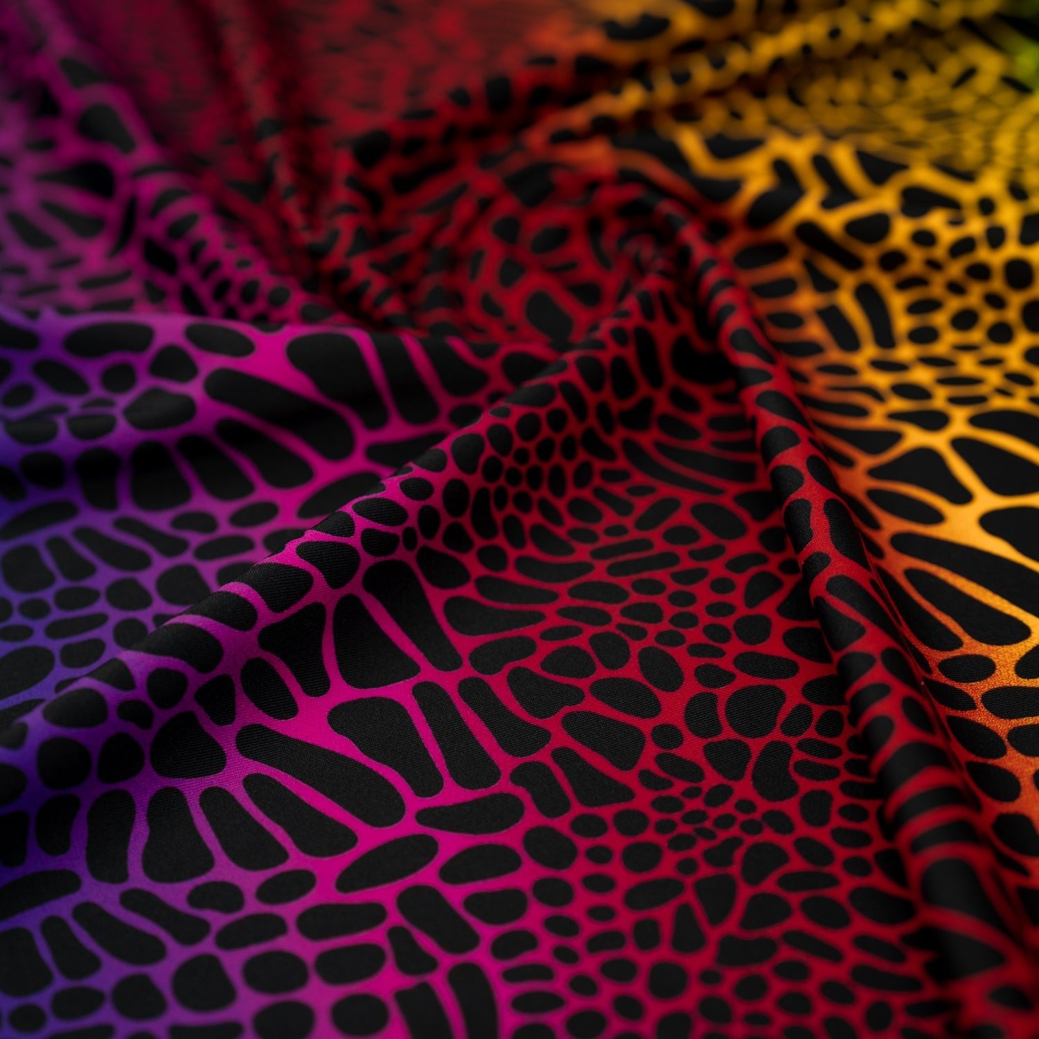 Swirled sample shot of Multicolor Safari Spots Printed Spandex