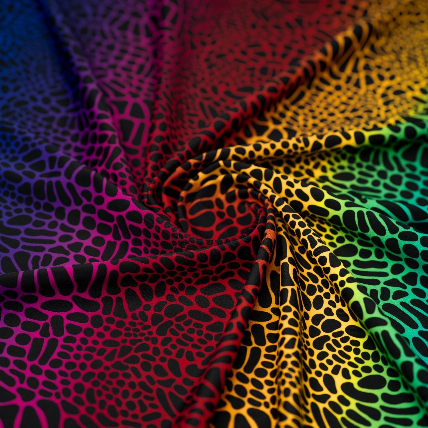 Swirled sample shot of Multicolor Safari Spots Printed Spandex
