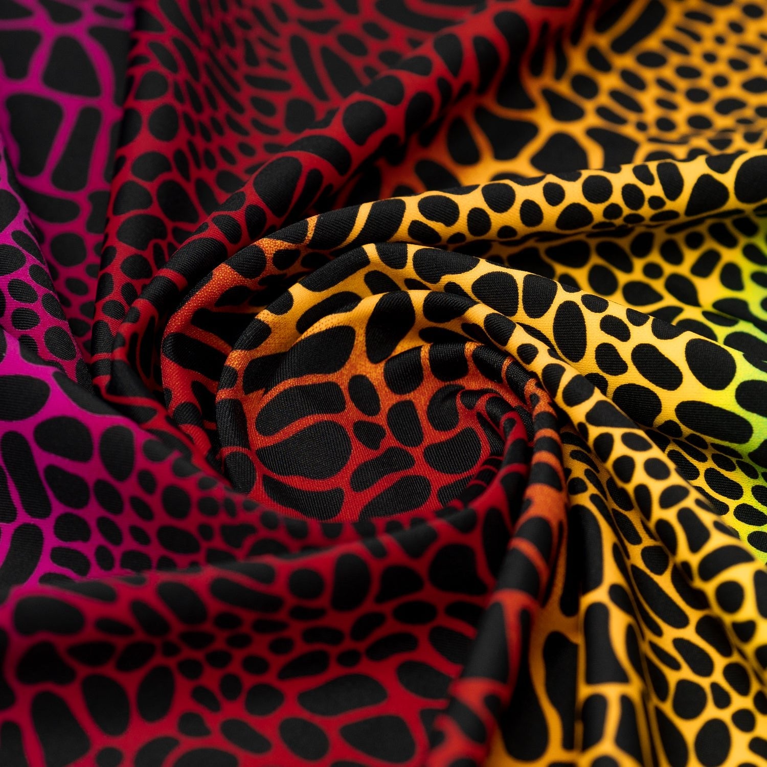 Swirled sample shot of Multicolor Safari Spots Printed Spandex