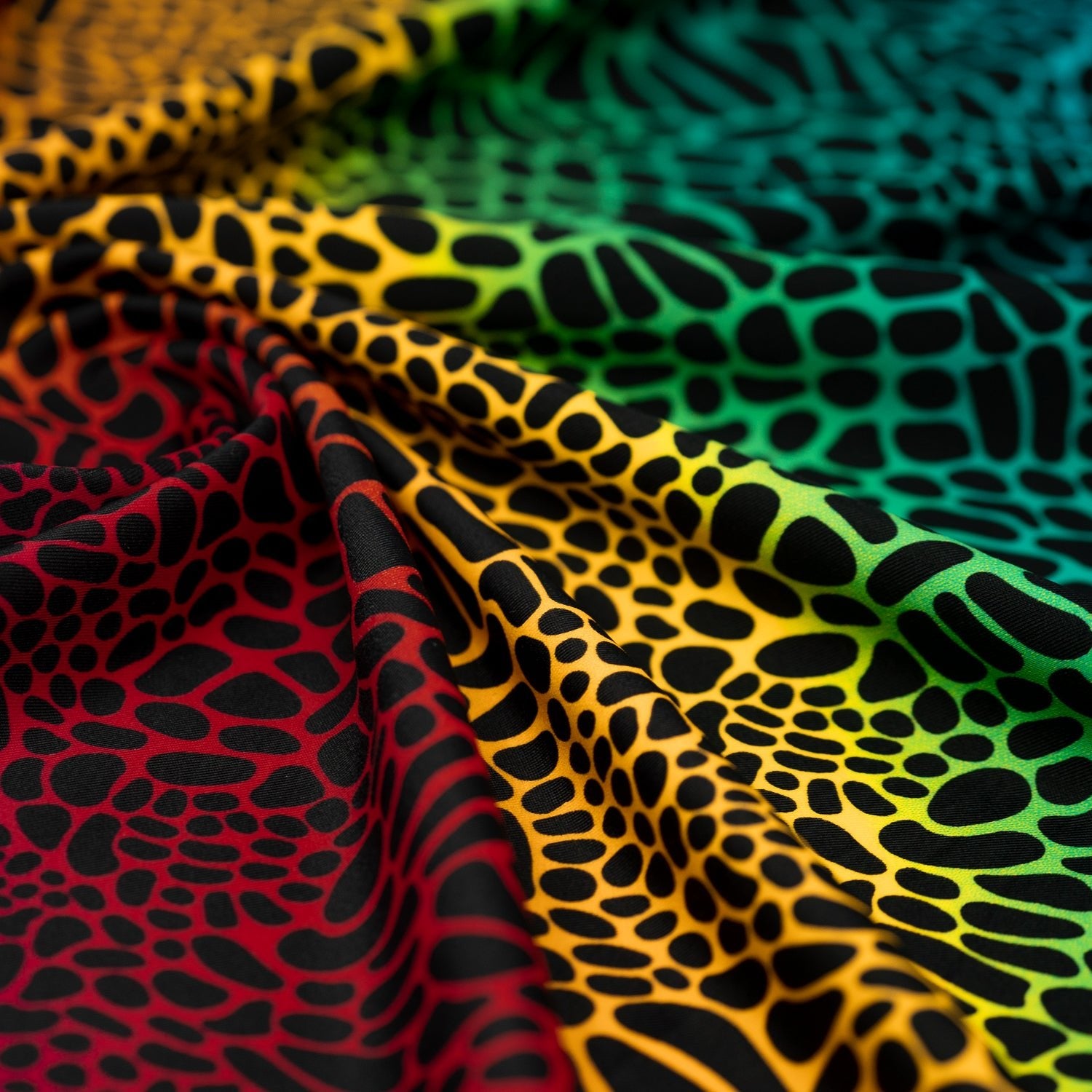 Swirled sample shot of Multicolor Safari Spots Printed Spandex