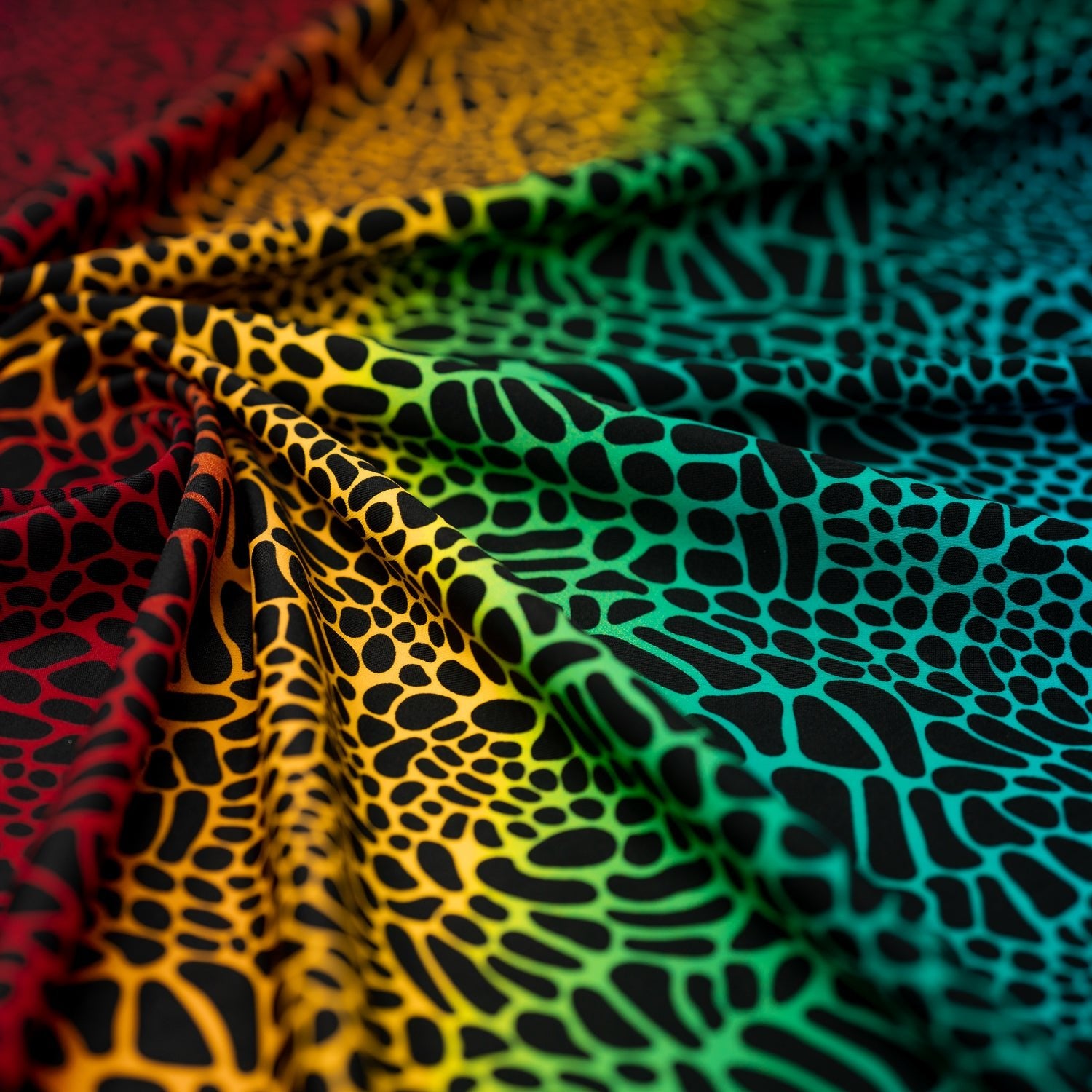 Swirled sample shot of Multicolor Safari Spots Printed Spandex