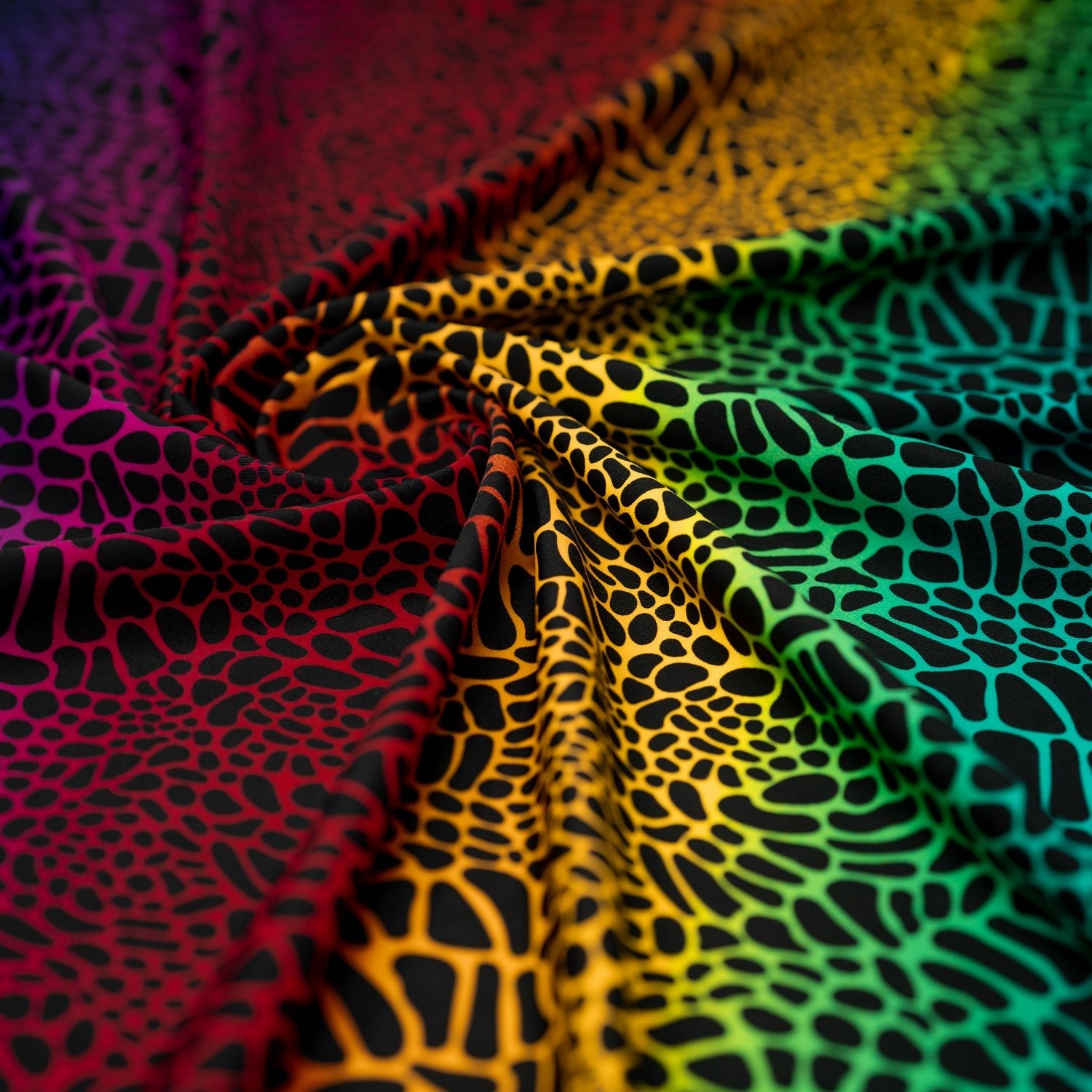 Swirled sample shot of Multicolor Safari Spots Printed Spandex