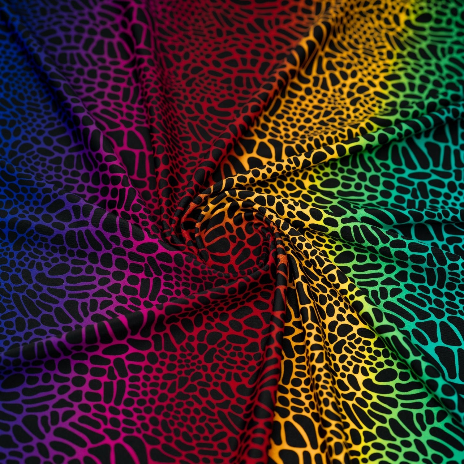 Swirled sample shot of Multicolor Safari Spots Printed Spandex
