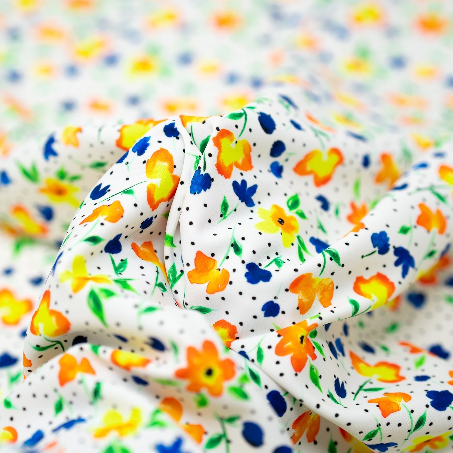 Detailed photograph of Watercolor Flowers and Black Dots Printed Spandex