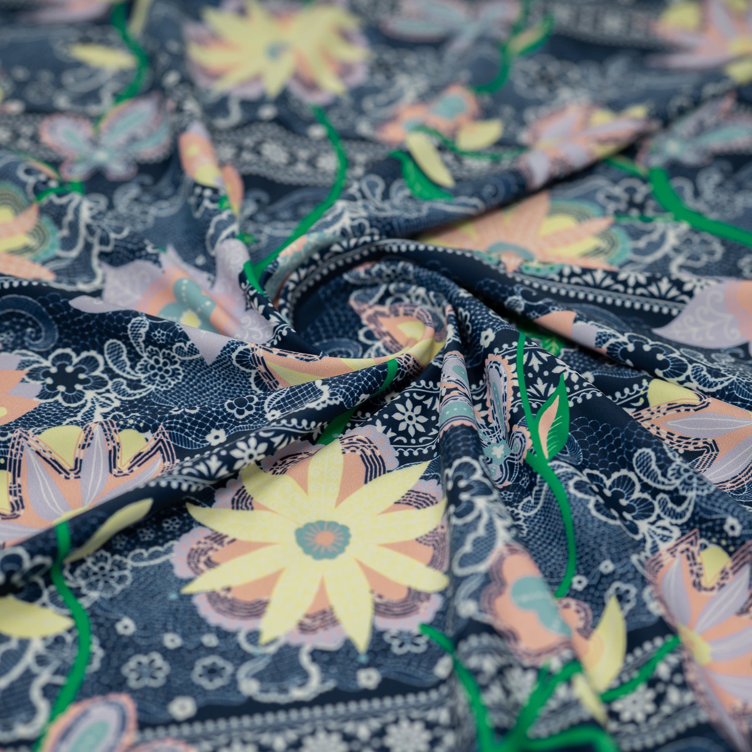 Swirled sample shot of Chantilly Floral Lace Printed Spandex