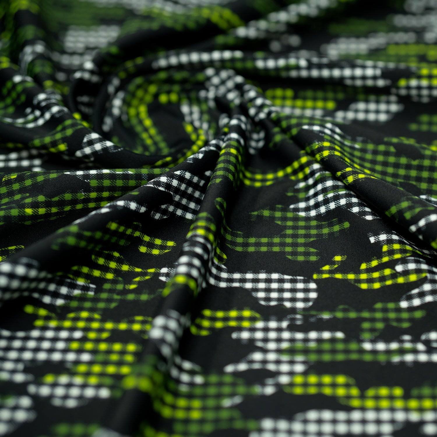 A swirled piece of Camouflage Plaid Printed Spandex
