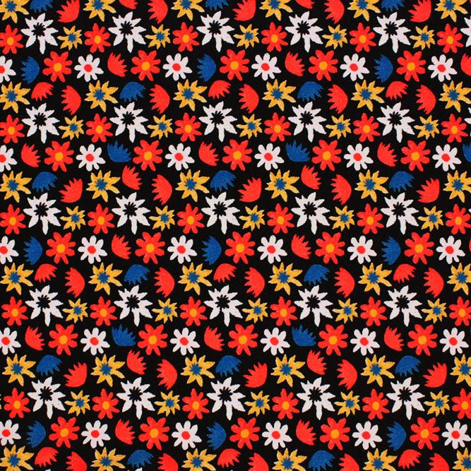 A flat sample of Pop Art Flowers Printed Spandex Fabric
