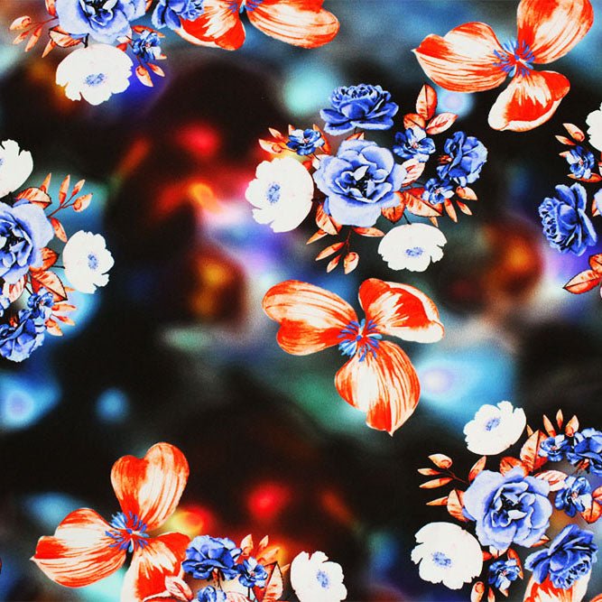 A flat sample of Crisp Bouquets on Blurry Ground Night Printed Spandex Fabric