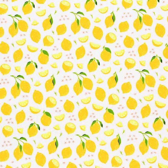 A flat sample of Lemony Lemons Printed Spandex Fabric in Multi Color