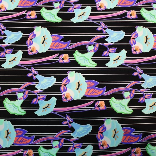 A flat sample of Stripe Neon Flower Printed Spandex.